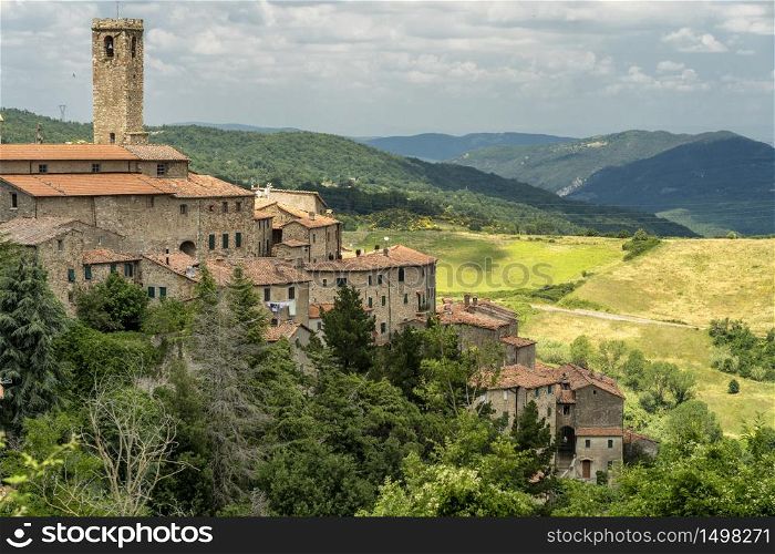 Panoramic view of Castelnuovo di Val di Cecina, Pisa, Tuscany, Italy, medieval town