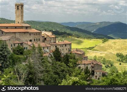 Panoramic view of Castelnuovo di Val di Cecina, Pisa, Tuscany, Italy, medieval town