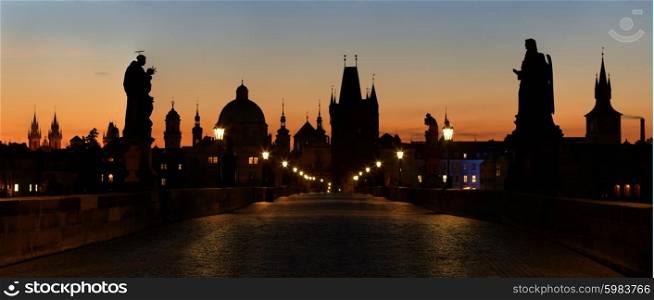 panoramic view of Charles Bridge before dawn, Prague, Czech Republic