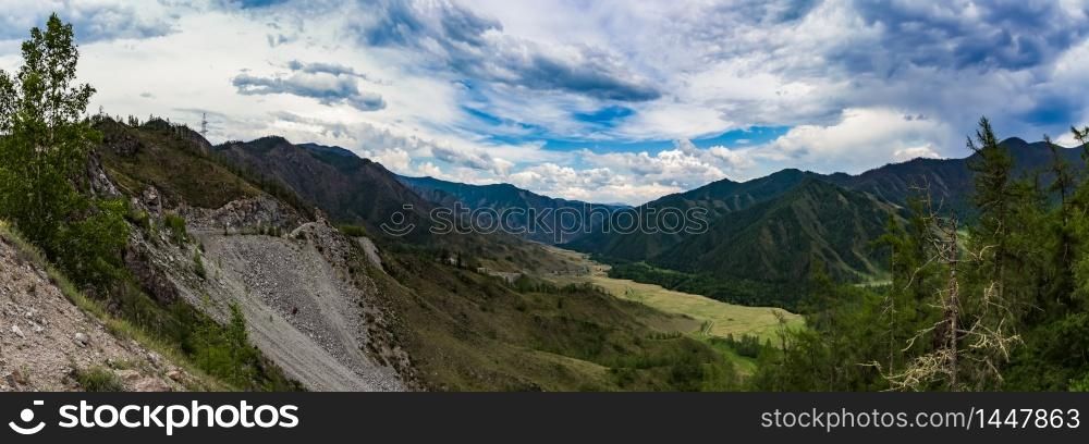 Panoramic view of Chike-Taman pass. Exit road. Altai Republic, Siberia Russia.