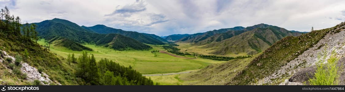 Panoramic view of Chike-Taman pass in the mountains of Altai Republic, Siberia, Russia