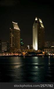 Panoramic view of city at night, San Diego Bay, San Diego, California, USA