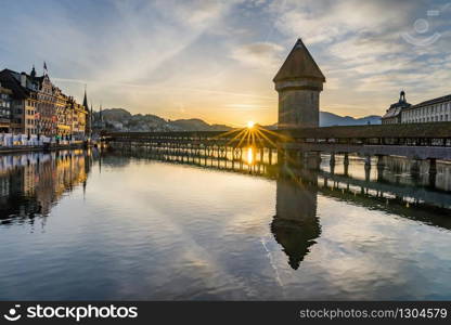 Panoramic view of city center of Lucerne with famous Chapel Bridge and lake Lucerne (Vierwaldstatersee), Canton of Lucerne, Switzerland