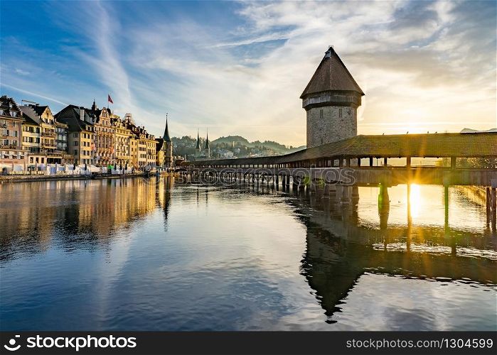 Panoramic view of city center of Lucerne with famous Chapel Bridge and lake Lucerne (Vierwaldstatersee), Canton of Lucerne, Switzerland