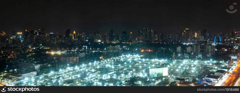 Panoramic view of cityscape and construction site in metropolis . Real estate development in downtown business district .. Panoramic view of cityscape and construction site in metropolis