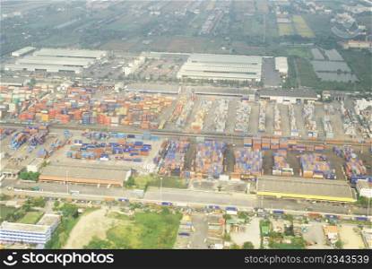 Panoramic view of containters in a harbour