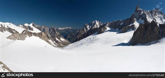 panoramic view of Dent du Geant peak and glacier in Mont Blanc massif