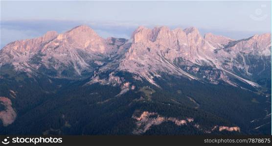 Panoramic view of Dolomites mountains ridge, Val di Fassa, Italian Dolomites&#xA;