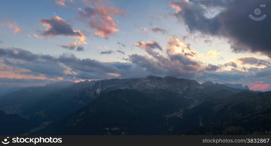 Panoramic view of Dolomites mountains sunset, Val di Fassa, Italian Dolomites&#xA;