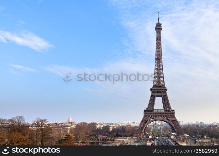 panoramic view of Eiffel Tower from Trocadero in Paris