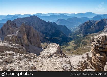 Panoramic view of famous Dolomites mountain peaks, Brenta. Trentino, Italy