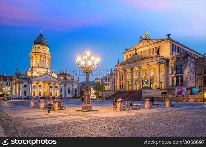 Panoramic view of famous Gendarmenmarkt square at sunset in Berlin Mitte district, Germany