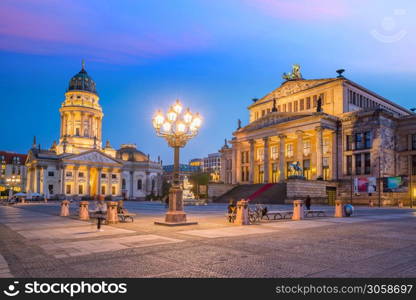 Panoramic view of famous Gendarmenmarkt square at sunset in Berlin Mitte district, Germany