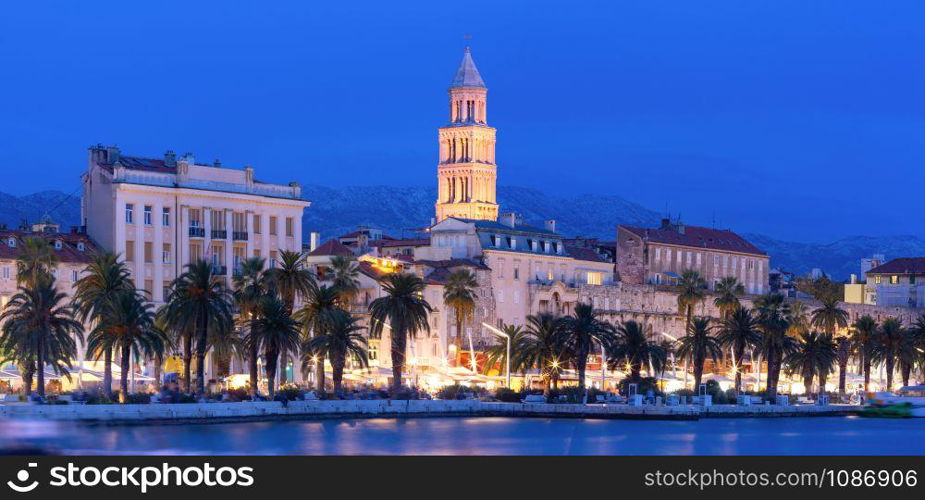 Panoramic view of famous Palace of the Emperor Diocletian and shore of Adriatic Sea in Split, the second largest city of Croatia at night. Old Town of Split, Croatia