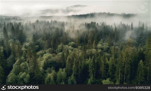 Panoramic view of forest with morning fog, aerial spaces. Generative AI