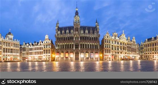 Panoramic view of grand Place Square with King House or Breadhouse during morning blue hour in Brussels, Belgium. Grand Place Square at night in Brussels, Belgium