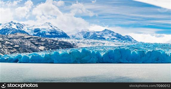 Panoramic view of Grey Glacier and Grey Lake at Torres del Paine National Park in Southern Chilean Patagonia, Chile