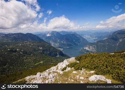 Panoramic view of Hallstatt lake and Alp mountain from high viewpoint