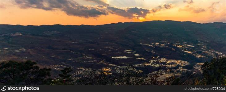 Panoramic view of Hani Terraced rice fields of YuanYang, China during the golden hour