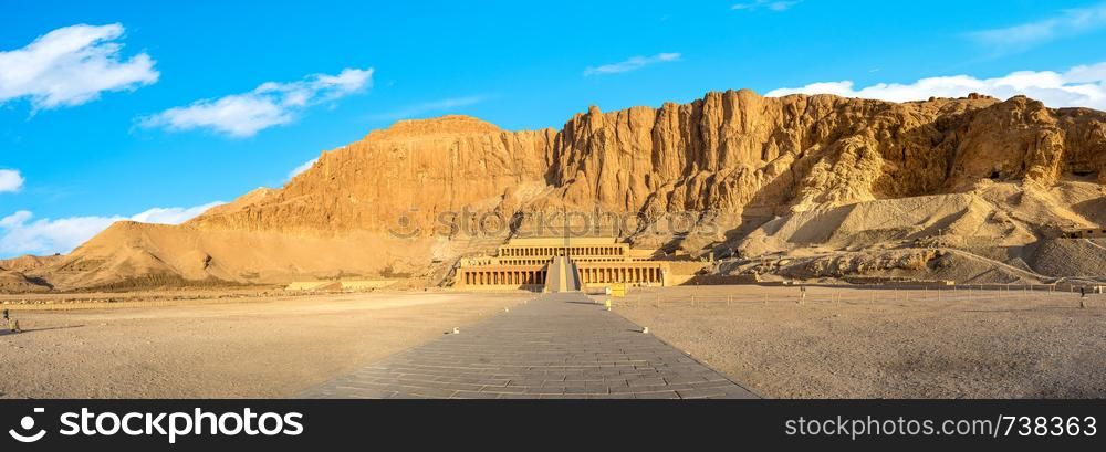Panoramic view of Hatshepsut Temple in Luxor, Egypt. Panorama of Hatshepsut Temple