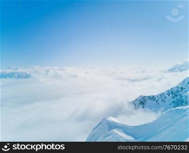 Panoramic view of high mountains landscape in winter landscape, Sochi, Russia. High mountains in winter