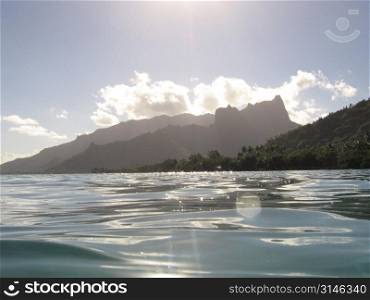 Panoramic view of hills near an ocean, Moorea, Tahiti, French Polynesia, South Pacific