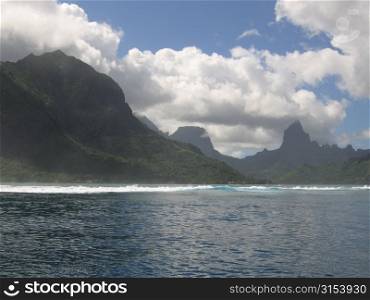 Panoramic view of hills on a seashore, Moorea, Tahiti, French Polynesia, South Pacific