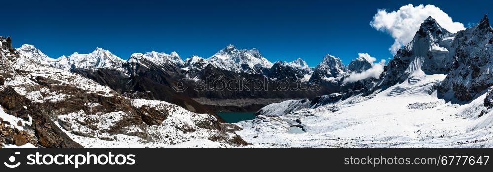 Panoramic view of Himalaya peaks: Everest, Lhotse, Nuptse and others. Trekking in Himalaya. Ultra high resolution