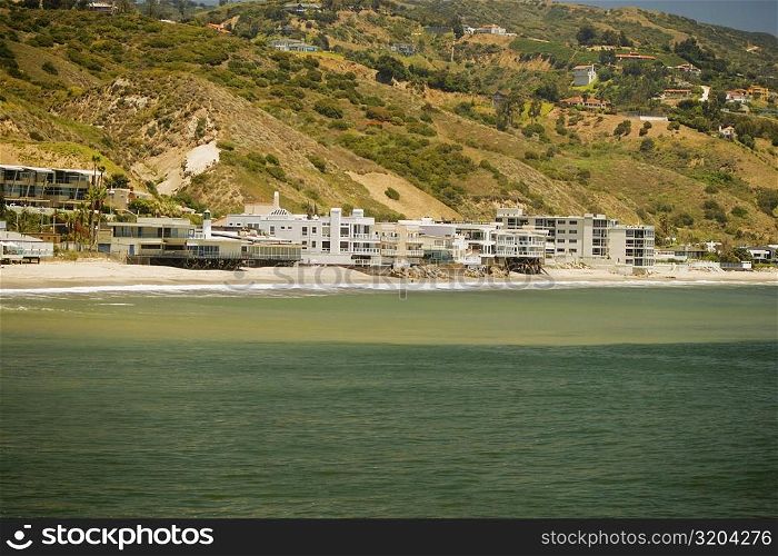 Panoramic view of houses on the beach, Malibu, California, USA