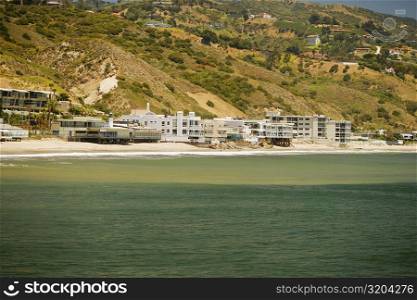 Panoramic view of houses on the beach, Malibu, California, USA