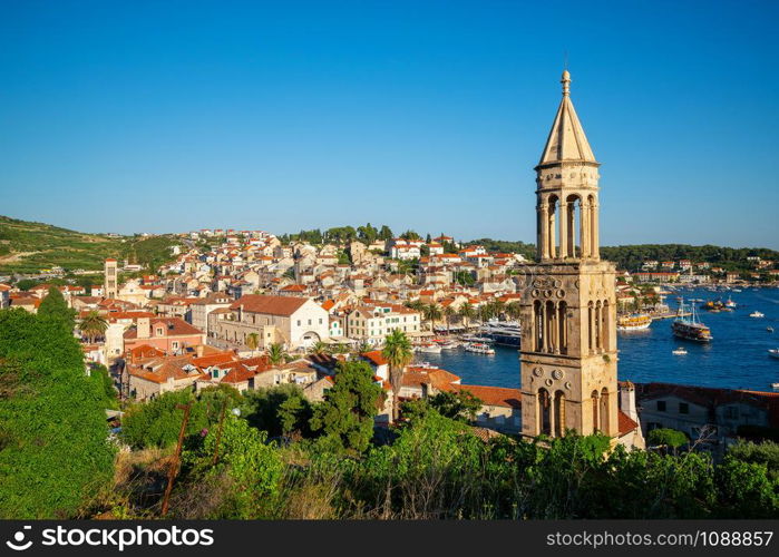 Panoramic view of Hvar Town in Croatia. Hvar Town is the famous town for summer beach vacation on Hvar Island in Dalmatia, Croaita.