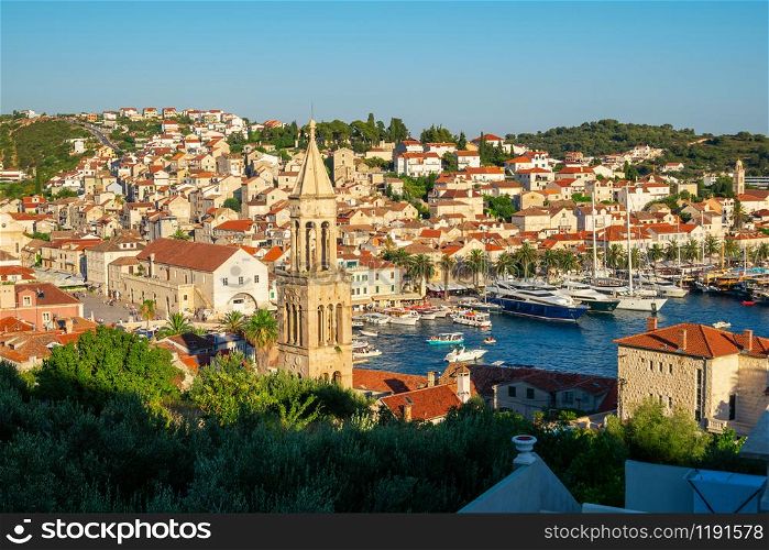 Panoramic view of Hvar Town in Croatia. Hvar Town is the famous town for summer beach vacation on Hvar Island in Dalmatia, Croaita.