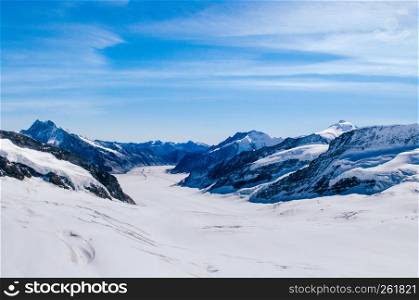 Panoramic view of Jungfrau Aletsch Bietschhorn glacier Top of Europe, snow mountain range of Switzerland