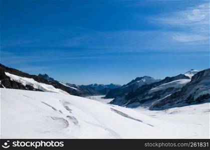 Panoramic view of Jungfrau Aletsch Bietschhorn glacier Top of Europe, snow mountain range of Switzerland
