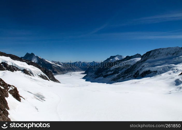 Panoramic view of Jungfrau Aletsch Bietschhorn glacier Top of Europe, snow mountain range of Switzerland