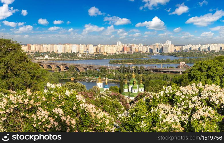 Panoramic view of Kiev and Vydubychi Monastery in Ukraine in a beautiful summer day