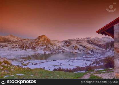 Panoramic view of Lake Ercina with snow in Asturias, Spain.