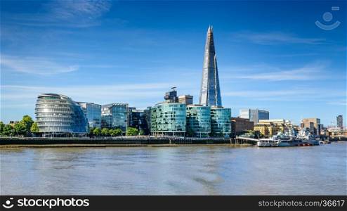 Panoramic view of london city skyline and River Thames from Tower Bridge, selective focus