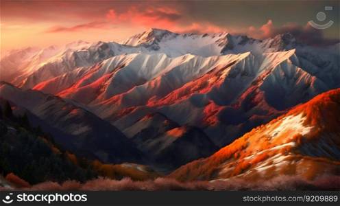 Panoramic View of Majestic Mountain Range at Sunset, Warm Hues Reflecting off Snow-Capped Peaks. Generative ai. High quality illustration. Panoramic View of Majestic Mountain Range at Sunset, Warm Hues Reflecting off Snow-Capped Peaks. Generative ai