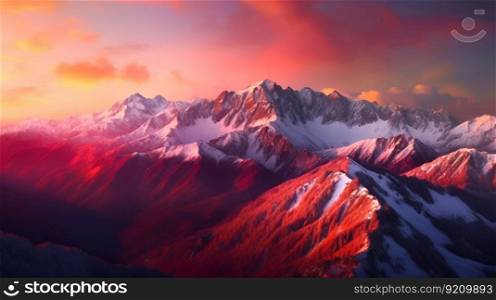 Panoramic View of Majestic Mountain Range at Sunset, Warm Hues Reflecting off Snow-Capped Peaks. Generative ai. High quality illustration. Panoramic View of Majestic Mountain Range at Sunset, Warm Hues Reflecting off Snow-Capped Peaks. Generative ai