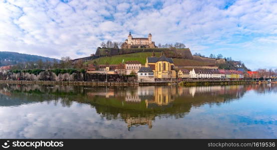 Panoramic view of Marienberg Fortress in the sunny day, Bavaria, Germany. Wurzburg, Franconia, Northern Bavaria, Germany
