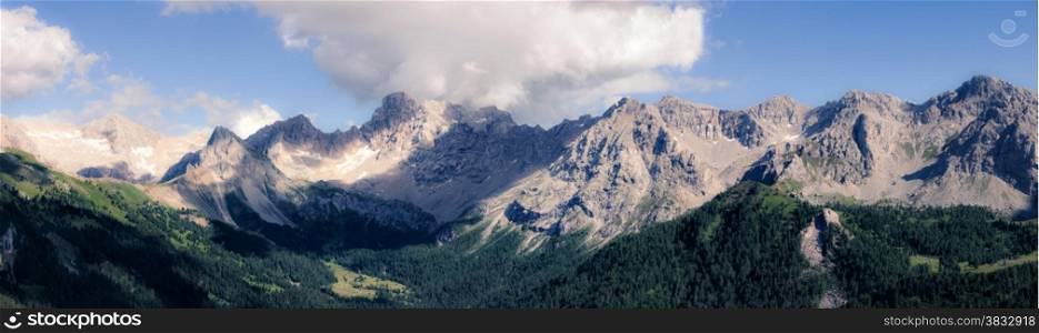 Panoramic view of Marmolada mountains ridge at sunny day, Val di Fassa, Italian Dolomites