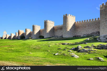 Panoramic view of medieval city walls of Avila, Spain