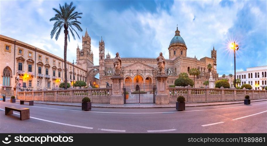 Panoramic view of metropolitan Cathedral of the Assumption of Virgin Mary in Palermo in the morning, Sicily, Italy. Palermo cathedral, Sicily, Italy