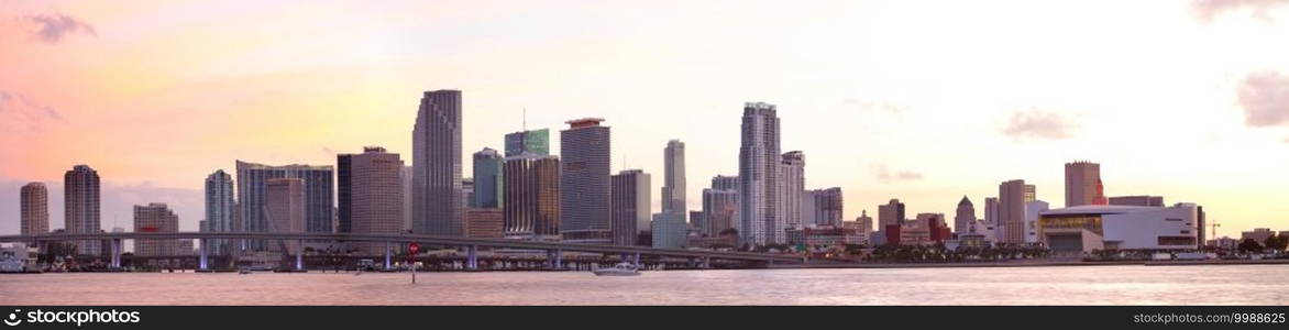 Panoramic view of Miami downtown skyline at dusk, Florida, USA