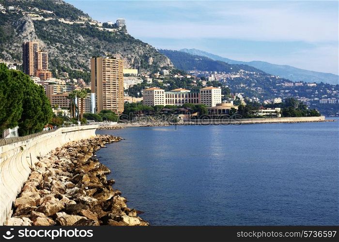 Panoramic view of Monte Carlo, Monaco. Principality of Monaco is a sovereign city state, located on the French Riviera