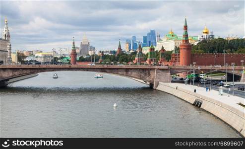 panoramic view of Moscow city with Kremlin from Floating Bridge in Zaryadye park in Moscow city in autumn