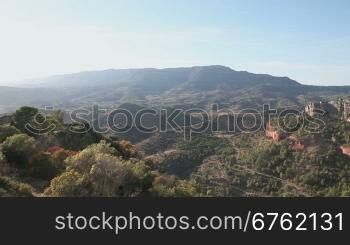Panoramic view of mountain canyon with road, Siurana, Spain