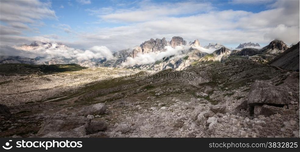 Panoramic view of mountain ridge near Tre Cime, Dolomite, Italy