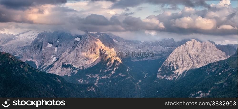 Panoramic view of mountain sunset, Val di Fassa, Italian Dolomites&#xA;